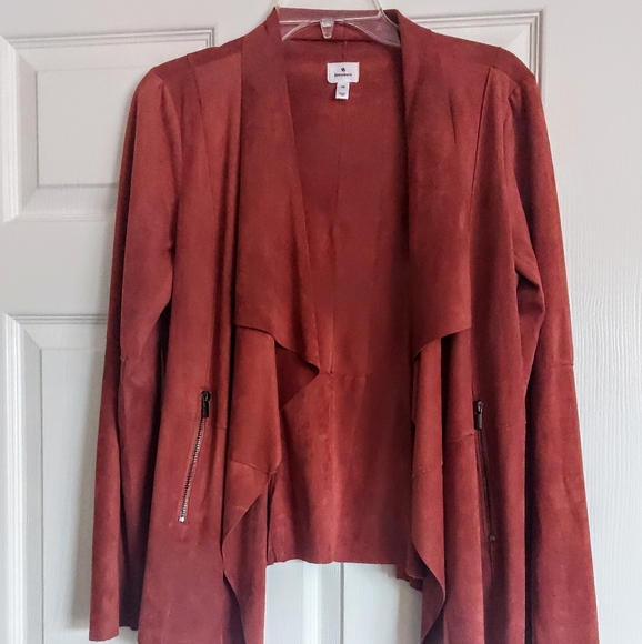 Faux Suede Burnt Orange Draped Wrap Jacket with Zipper Pockets - Picture 2 of 2